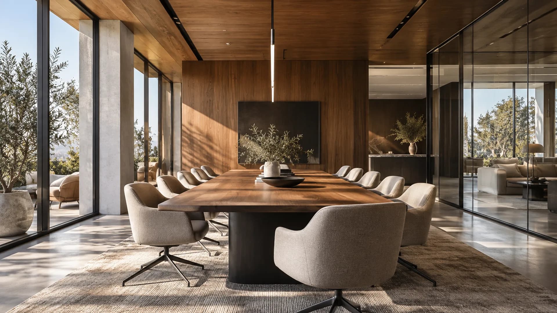 Illustrative concept of a timber-lined commercial meeting room; not a completed client project