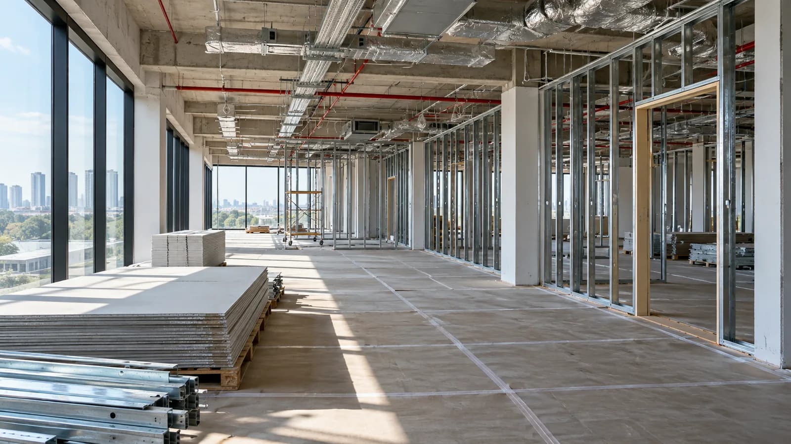 Illustrative commercial interior under construction with partition framing
