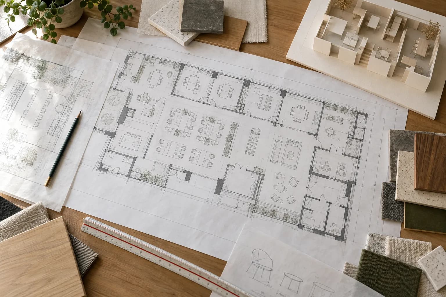Illustrative workspace layout and material study, not a Shree Vaikuntha project