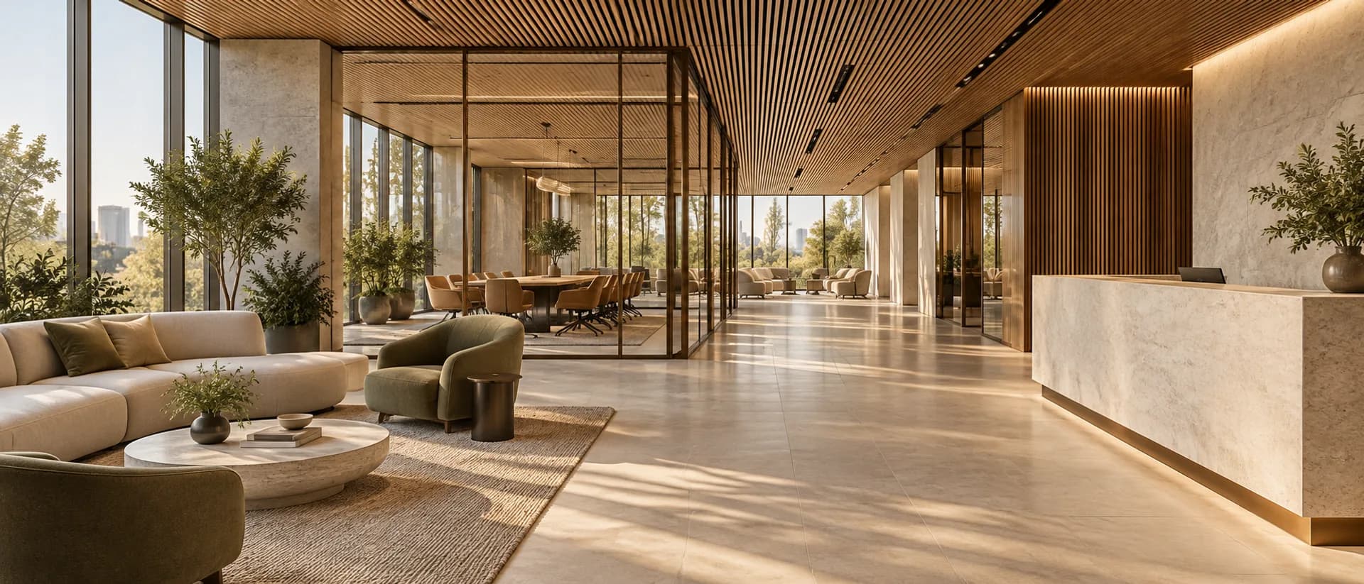 Illustrative concept of a contemporary office reception and meeting space; not a Shree Vaikuntha project